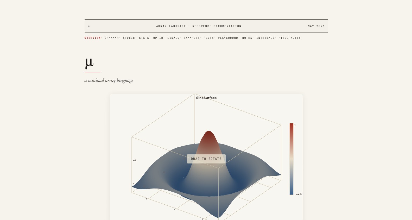 &mu; documentation site, showing a 3D sinc-surface plot